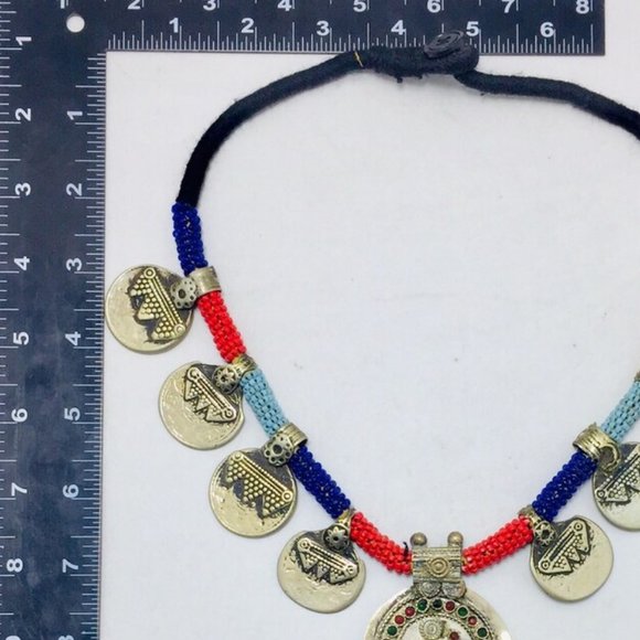 Vintage Coins Necklace With Dangling Pendant,Tribal Beaded Pendant Necklace - Picture 5 of 7